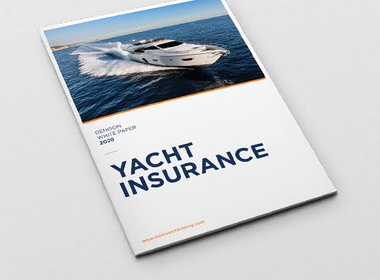 A buyer reviewing marine insurance quotes at a desk with a yacht survey report open