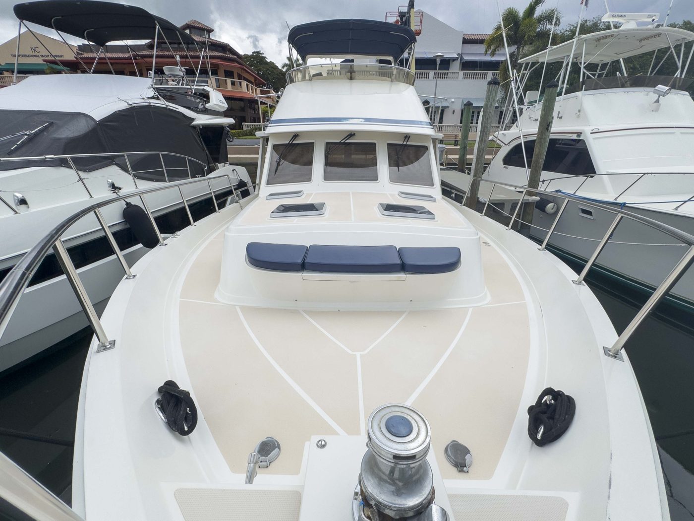 Island Girl flybridge with Sunbrella bimini and radar arch