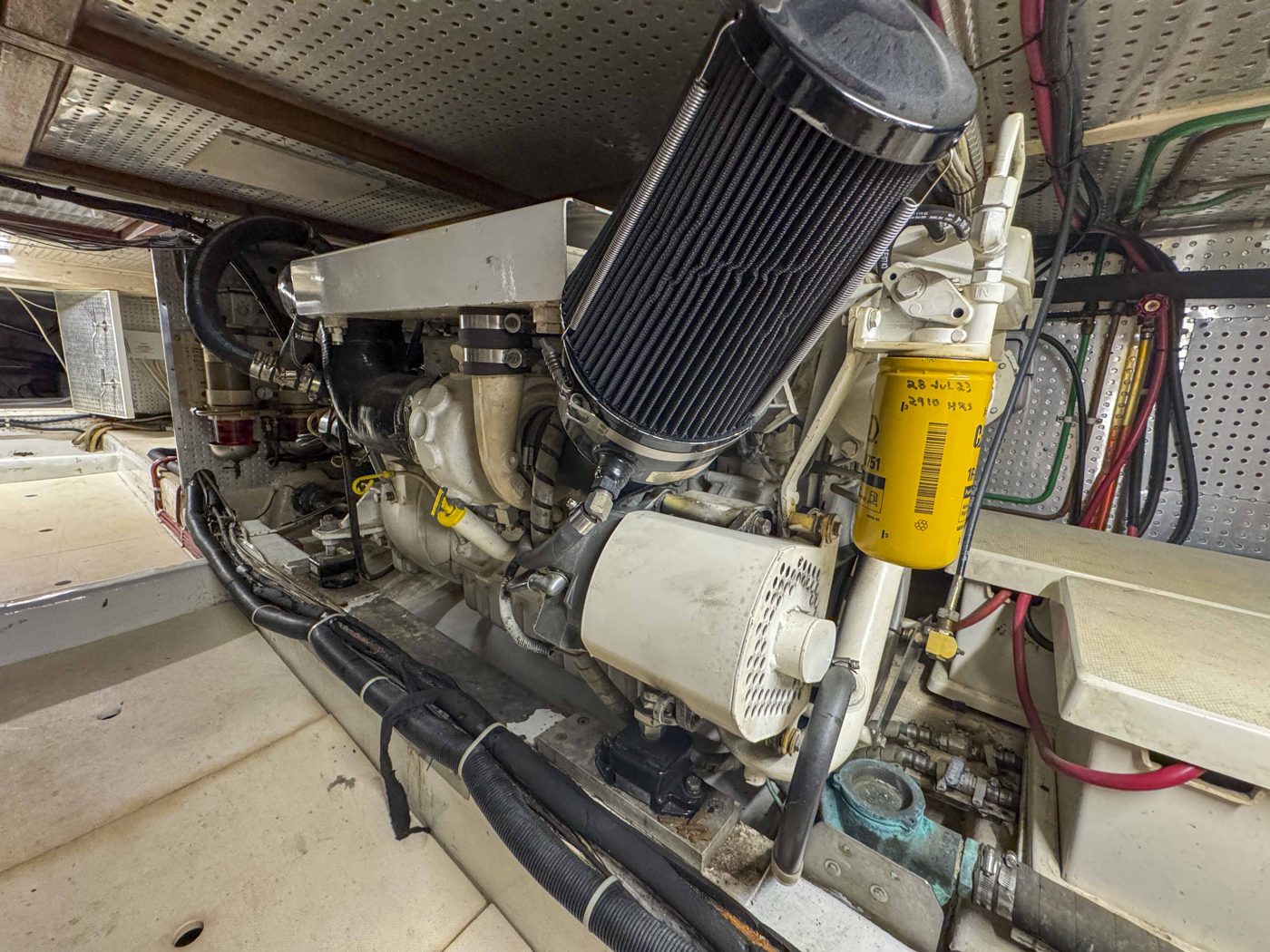 Island Girl engine room with twin Caterpillar diesels